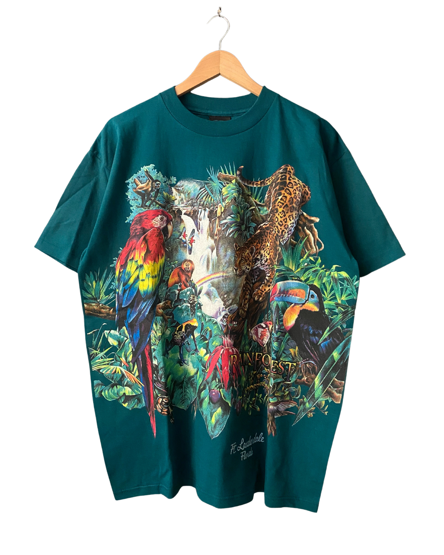 Vintage Rainforest Habitat Wrap Around Print AOP 1995 Animal Nature T-Shirt Lg