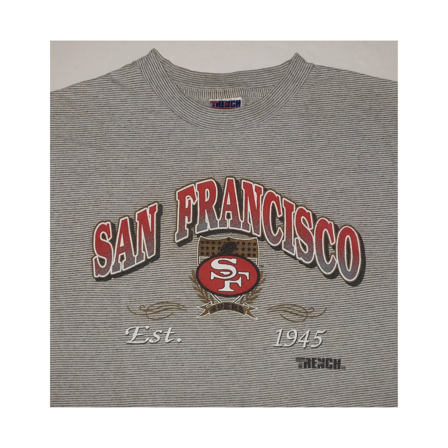 Vintage San Francisco 49ers NFL Striped Trench 90's T-Shirt Lg